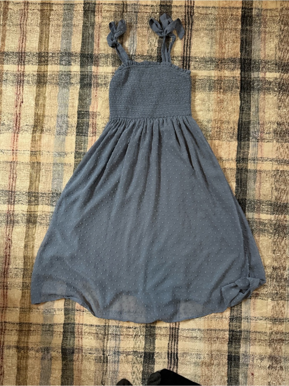 Girls' Blue Shirred Bodice Sundress with Tie Straps